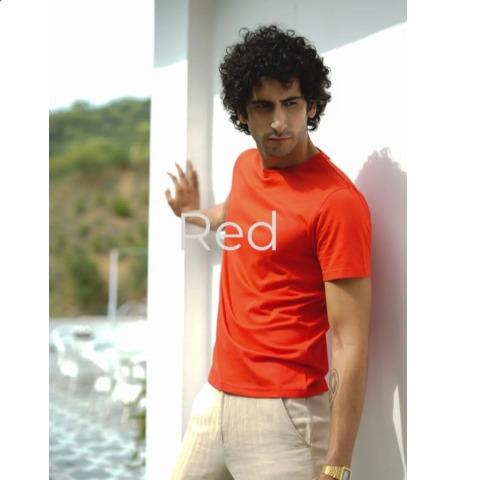 Red Cotton Blend Solid Round Neck Half Sleeve T Shirt for Men
