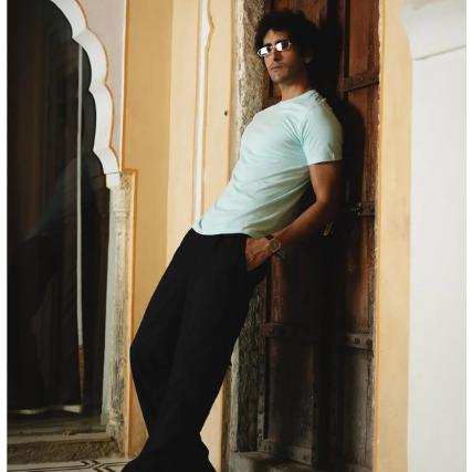 Mint Blue Cotton Blend Solid Round Neck Half Sleeve T Shirt for Men