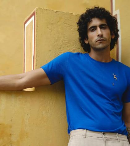 Imperial Blue Cotton Blend Solid Round Neck Half Sleeve T Shirt for Men