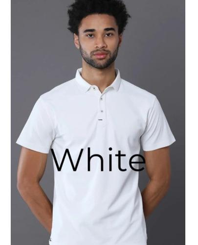 White Poly Cotton Regular Fit Collar Polo T Shirt for Men