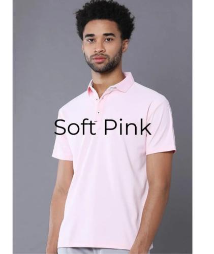 Soft Pink Poly Cotton Regular Fit Collar Polo T Shirt for Men