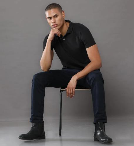 Classic Black Poly Cotton Regular Fit Collar Polo T Shirt for Men