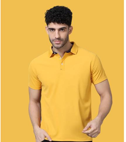 Mustard Yellow Poly Cotton Regular Fit Collar Polo T Shirt for Men