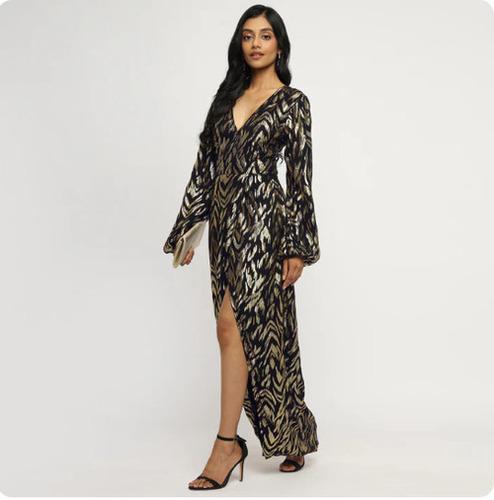 Black & Gold Metallic Jacquard Wrap Maxi Dress
