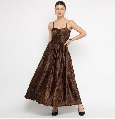 Black & Bronze Pleated Textured Spaghetti Maxi Dress