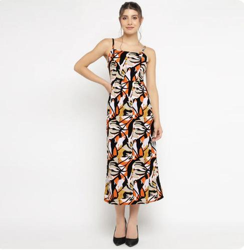 Abstract Floral Print Midi Dress with Spaghetti Straps