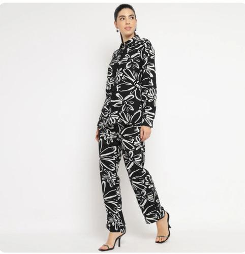 Black Oversized Floral Shirt and Straight Pants Co-ord Set