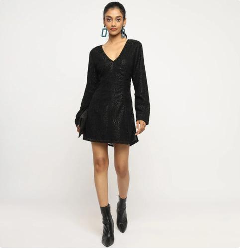 Black Long Sleeve Shimmer Mini Dress