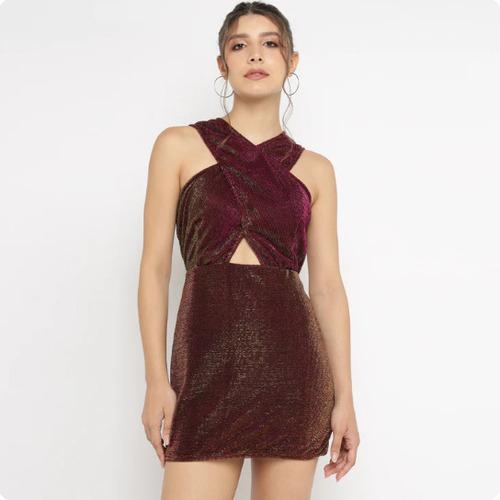 Burgundy-Gold Metallic Cross-Front Bodycon Mini Dress