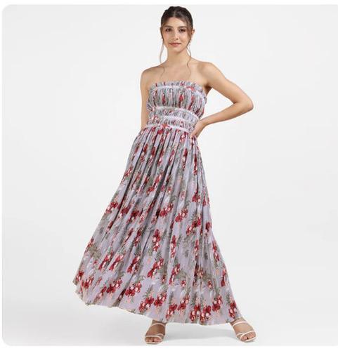 Lavender Strapless Pleated Floral Maxi Dress