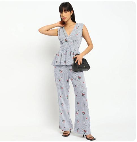 Floral Striped Co-ord Set - Peplum Top & Wide-Leg Pants