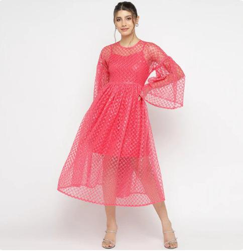 Flared Sheer Midi Dress in Hot Pink
