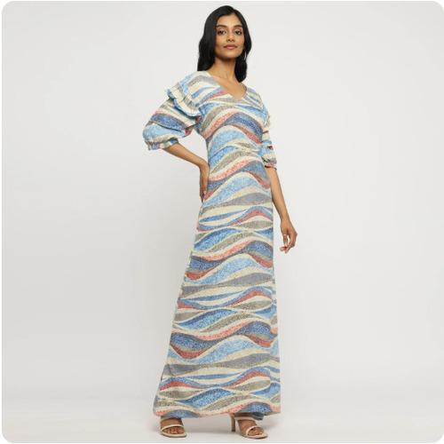 Coastal Waves Puff Sleeve Maxi Dress