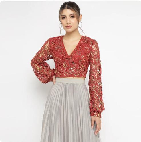 Red Foil print Lace Sheer Blouse