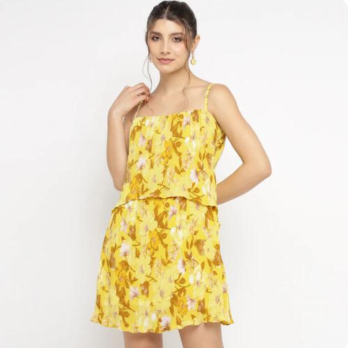 Mustard Yellow Layered Mini Dress with Tropical Bloom Print