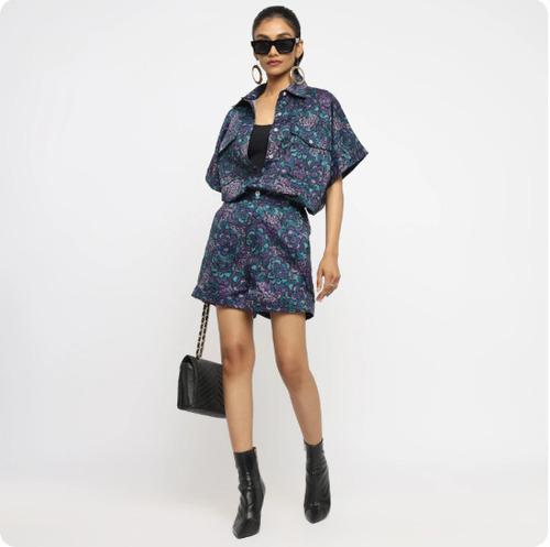 Midnight Bloom Co-ord Set - Oversized Shirt & Shorts