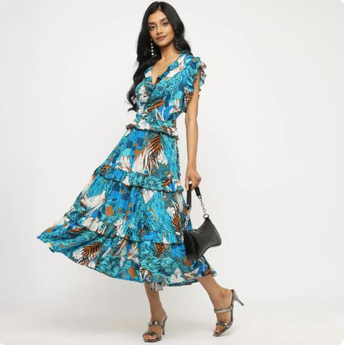Ruffle Tropical Tiered Midi Dress