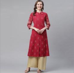 Ladies Maroon Cotton A Line Kurti