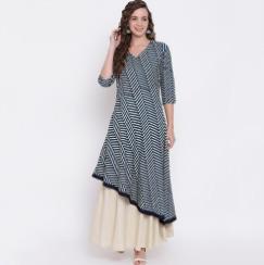 Ladies Double Layered Blue And Cream Rayon Kurti