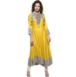 Ladies Solid Mustard Yellow Rayon Anarkali Kurti