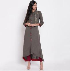 Ladies High Low Grey Embroidered Cotton Kurti