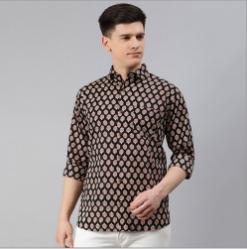 Millennial Mens Printed Black Cotton Full Sleeves Shirts