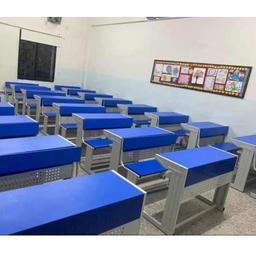 Blue & White Wooden School Benches With Desk