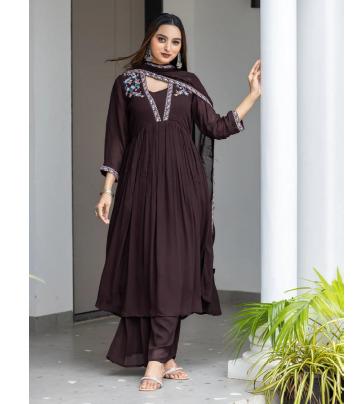 Floral Yoke Design Pleated Thread Work Anarkali Kurta with Palazzos & With Dupatta