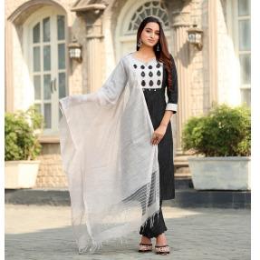 Women Rayon Print Straight Kurta With Pant And Dupatta Suit Set-RASHMIKA