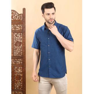 Half-Sleeves Solid Blue Cotton Shirt