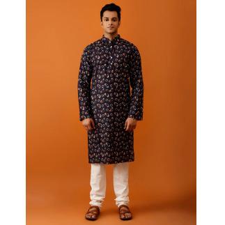 Long Kurta Chudidar Navy Blue Printed