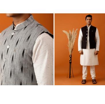 Black Ikat-Inspired Print Nehru Reversible-Jacket