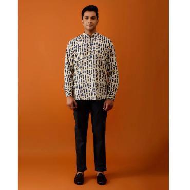 Short Kurta Beige & Blue Handblock Print Cotton