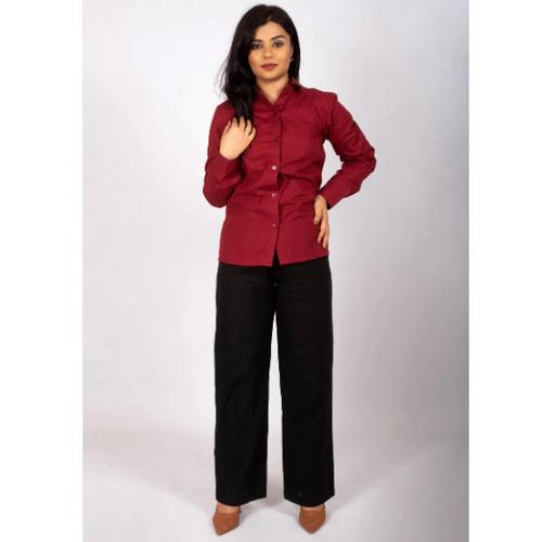Crimson Red Classy Linen Shirt & Black Linen Office Pants - Women's Premium Office Wear