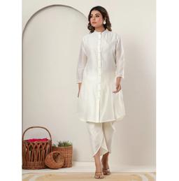 Ivory Chanderi Silk Apple cut Kurta Set for Women with Embroidered Buttons & Tulip Pants