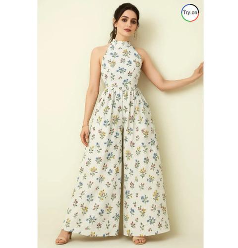 Floral Print Halter Neck Wide-Leg Jumpsuit for Women - Soft Cotton Summer Outfit