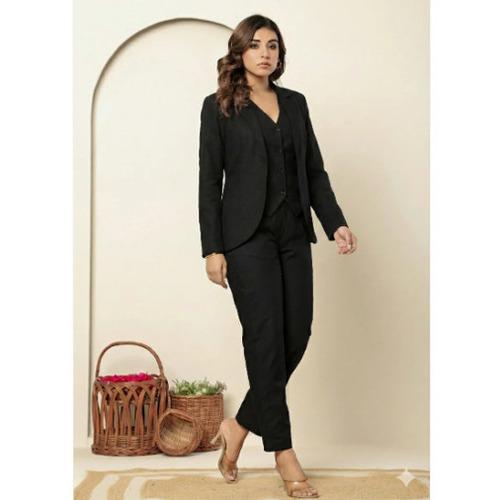 Black Linen Waistcoat Blazer Co-ord Set for Women - Premium Sustainable Power Look