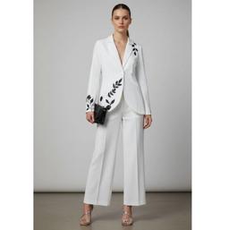 Women's White Linen Cotton Blazer & Pant Set with Black Sequin Embroidery | Premium Party Wear Suit