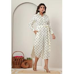Creme Polka Dot Cotton Shirt Dress for Women | Long Midi Belted Button-Down