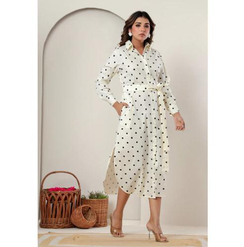 Creme Polka Dot Cotton Shirt Dress for Women | Long Midi Belted Button-Down