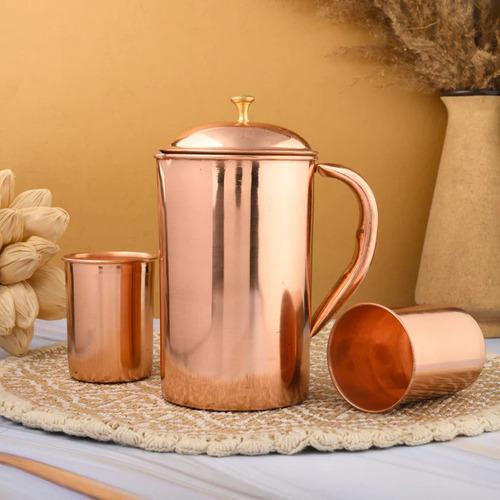 Copper Jar with 2 Glass Set - Pure Copper Jug (1L) | Glossy Finish
