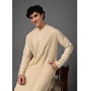 Cream Textured Silk Kurta