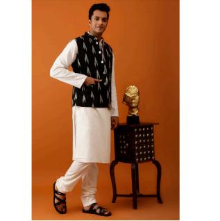 Black Ikat-Inspired Print Nehru Reversible-Jacket