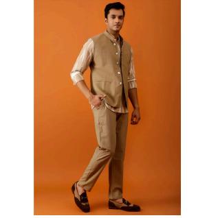 Beige Textured Nehru Reversible-Jacket