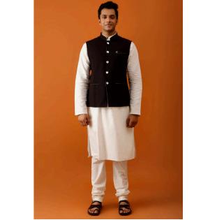 Black Ikat-Inspired Print Nehru Reversible-Jacket