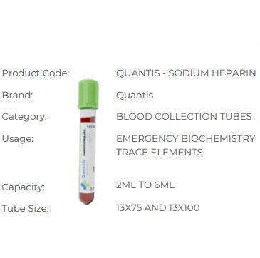 Quantis tubes containing sodium heparin