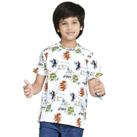 White Digital Printed Cotton Blend Boys T Shirt