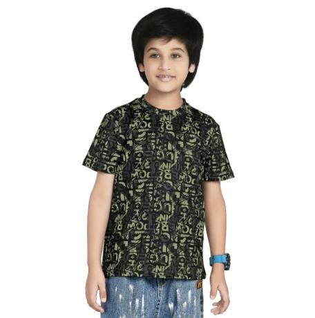 Black Green Digital Printed Cotton Blend Boys T Shirt