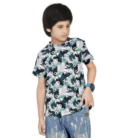 Grey White Digital Printed Cotton Blend Boys T Shirt