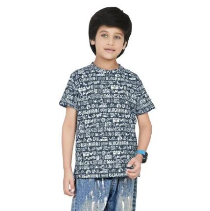 Grey Printed Cotton Blend Boys T Shirt